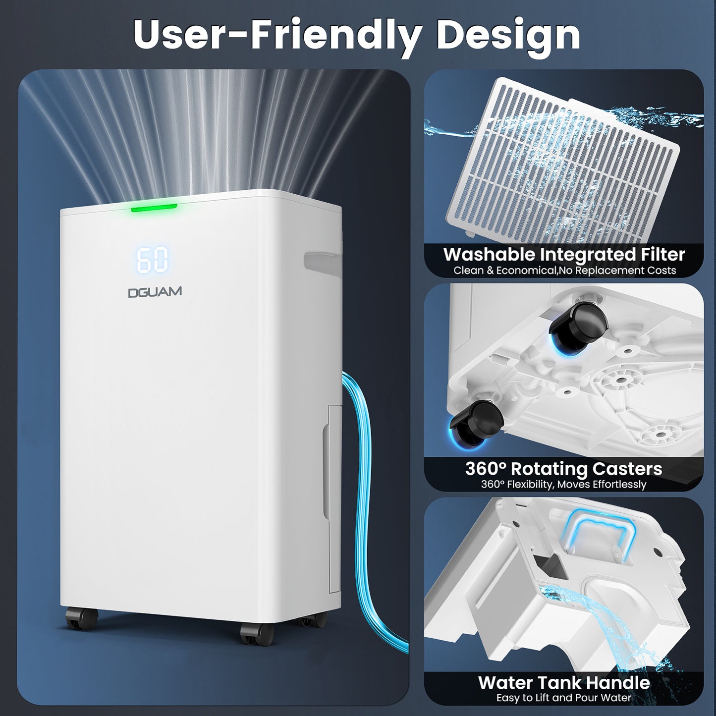 4500 Sq.Ft Dehumidifier, DGUAM 80 Pint Dehumidifier for Basement with Drain Hose, Smart Dehumidifiers with Humidity Control, Energy-Efficient, Quiet, 3 Modes Dehumidifiers for Home, Bedroom, Garage